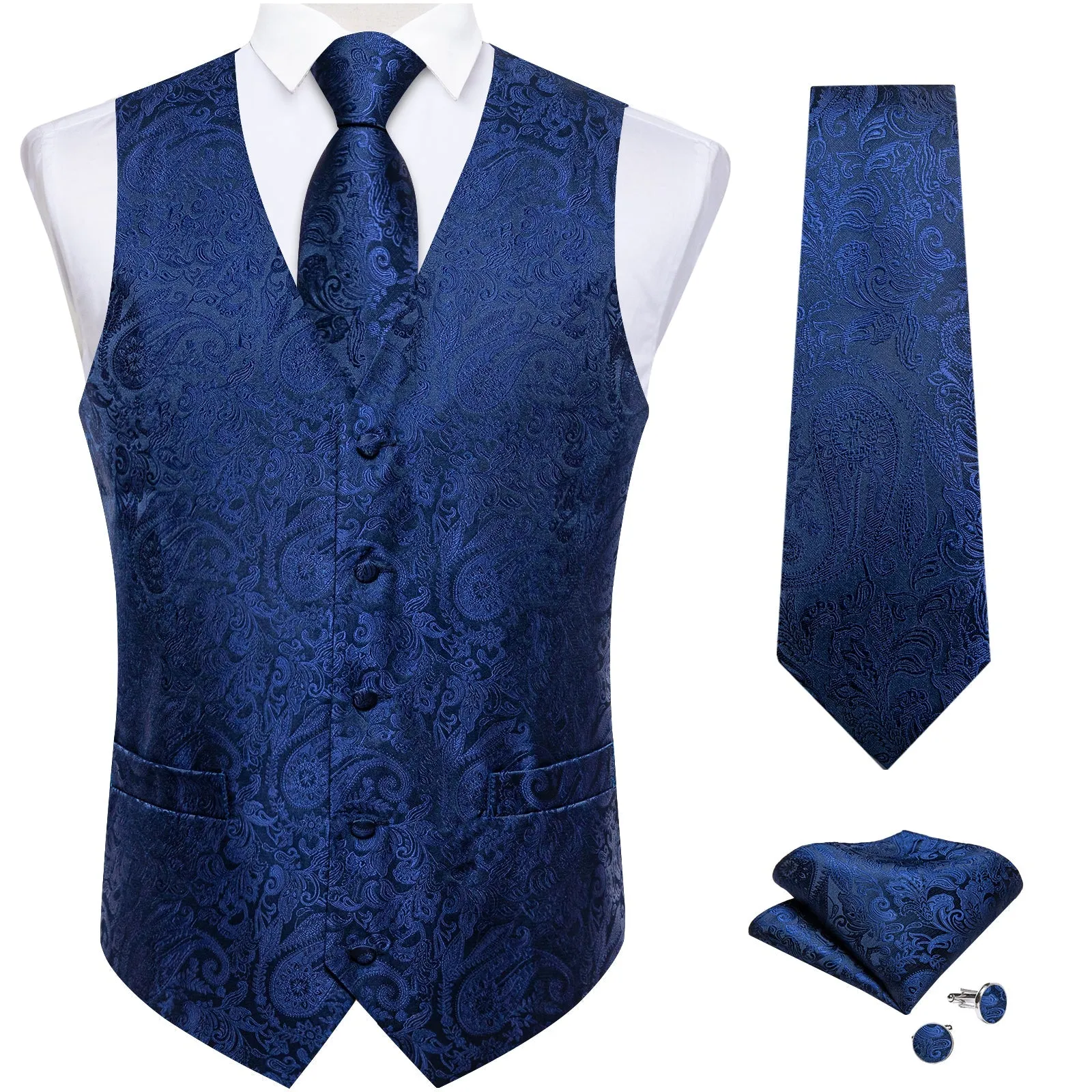 Navy Blue Paisley Silk Men's Vest Hanky Cufflinks Tie Set