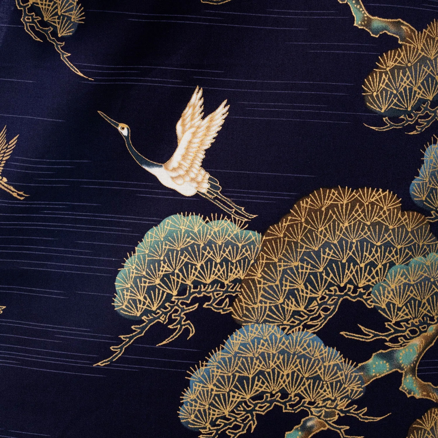 Navy Crane and Pine Long Japanese Kimono