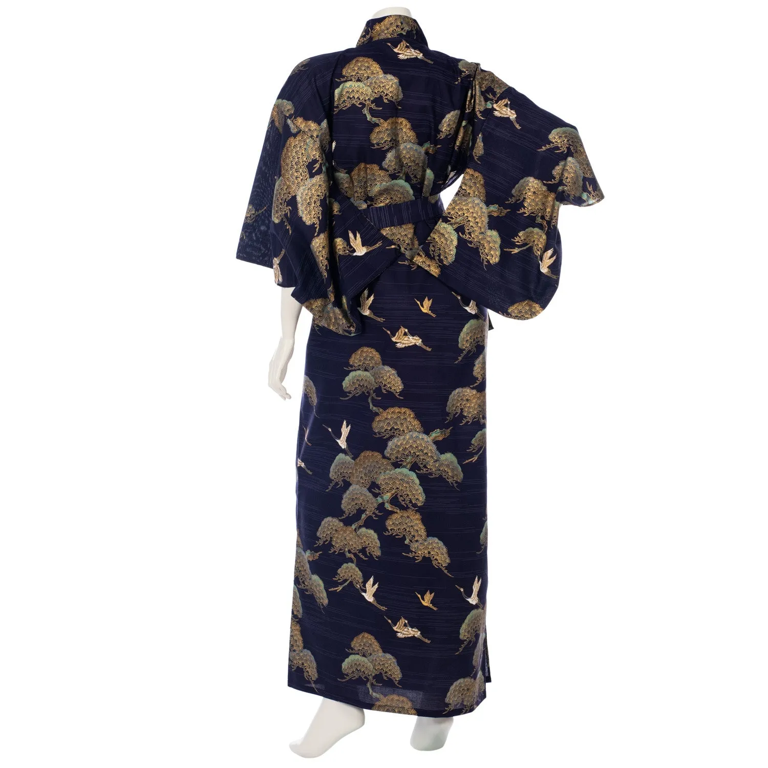 Navy Crane and Pine Long Japanese Kimono