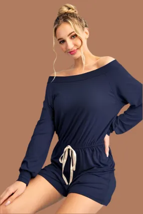 Navy Off the Shoulder Long Sleeve Romper