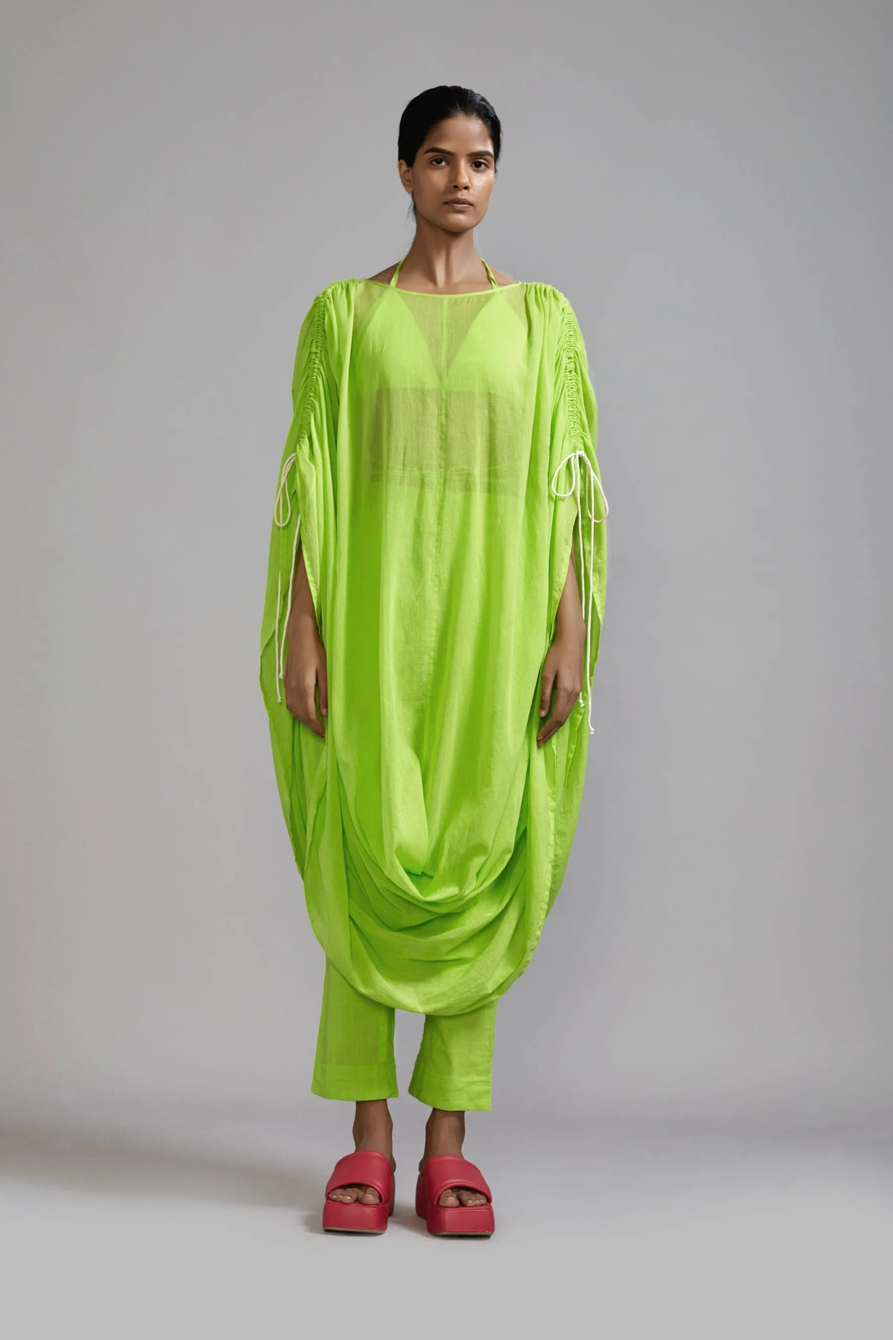 Neon Green Gathered Cowl Tunic Set (3 PCS)