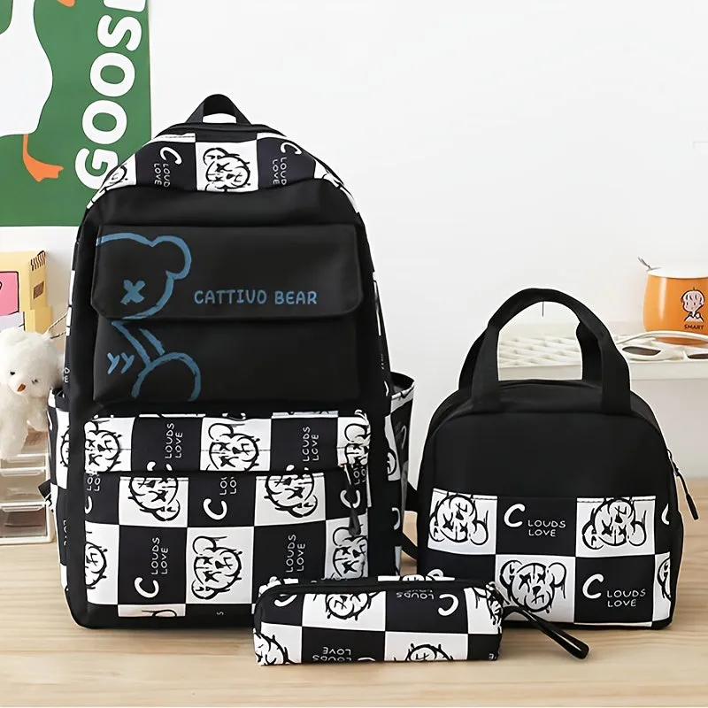 New Lightweight School Backpack For Both Male And Female Students, Laptop Bag, Travel And Leisure Minimalist Bag, College And High School Teddy Bear Checkered Backpack, Teenage Girl Boy Backpack