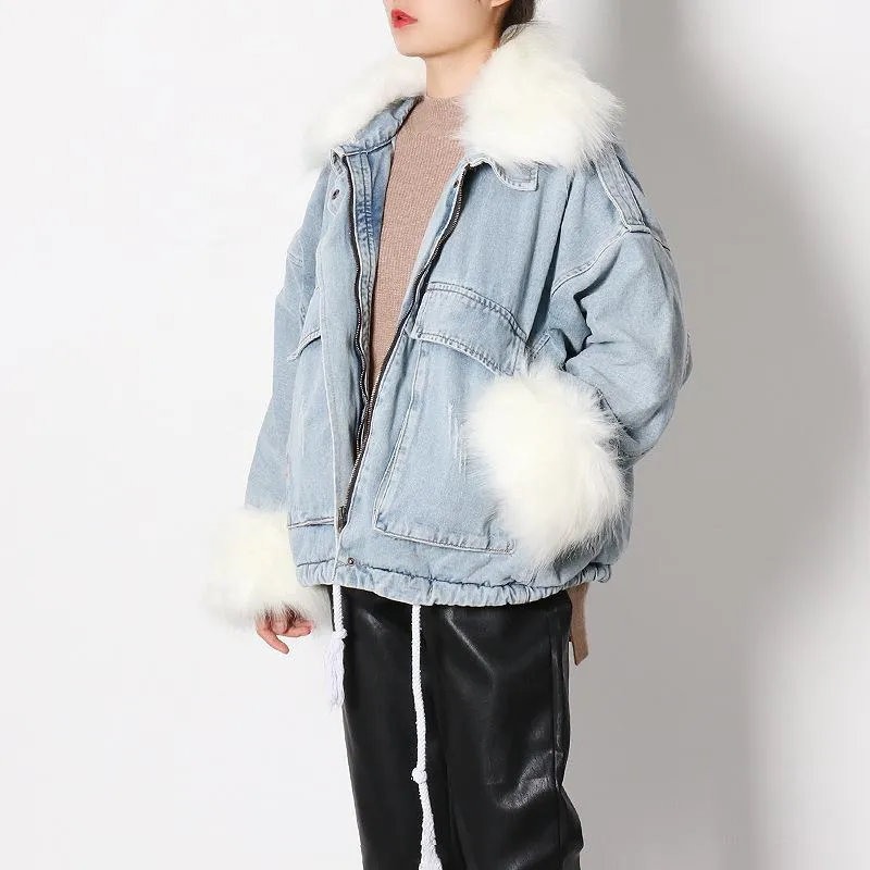 New Parka Loose Denim Oversized Fur Collar Fleece padded Jacket