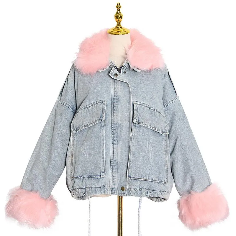 New Parka Loose Denim Oversized Fur Collar Fleece padded Jacket