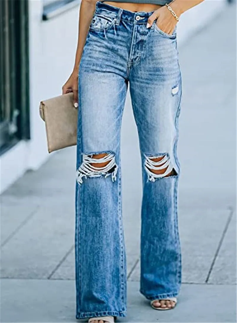 New Retro Ripped Wide Leg Pants Straight Leg Jeans Hollow-out Flared Pants Loose Casual Women's Street Pants