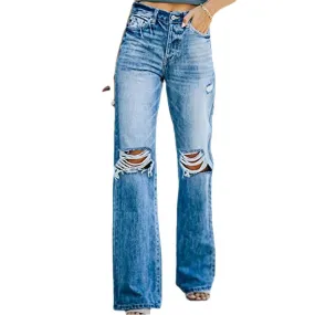 New Retro Ripped Wide Leg Pants Straight Leg Jeans Hollow-out Flared Pants Loose Casual Women's Street Pants