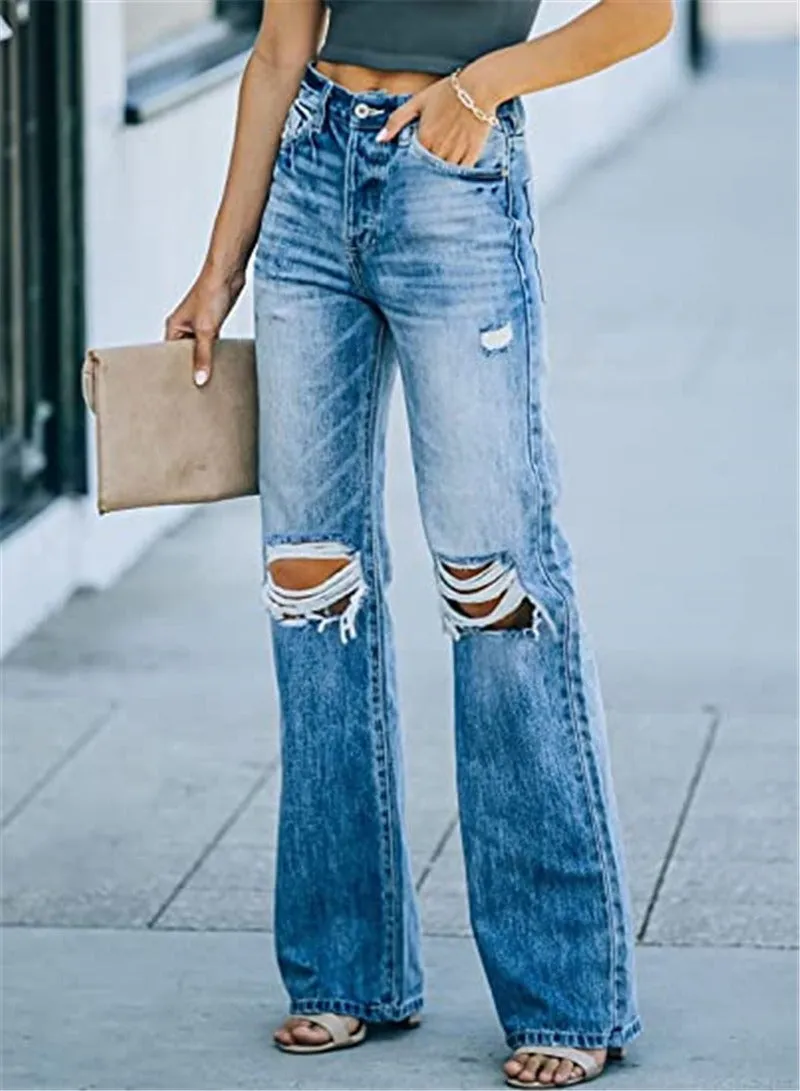 New Retro Ripped Wide Leg Pants Straight Leg Jeans Hollow-out Flared Pants Loose Casual Women's Street Pants