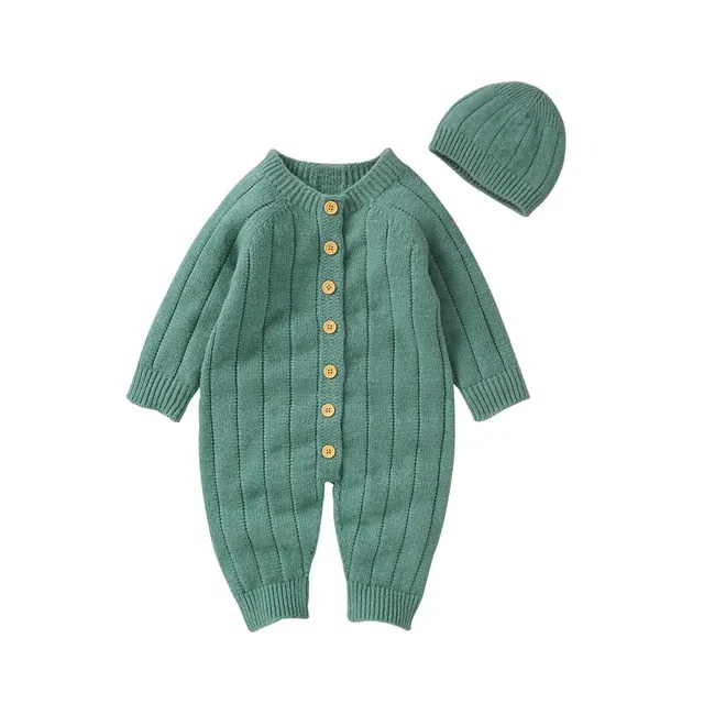 Newborn Baby Knit Romper Long Sleeve Jumpsuit   Hat - Green