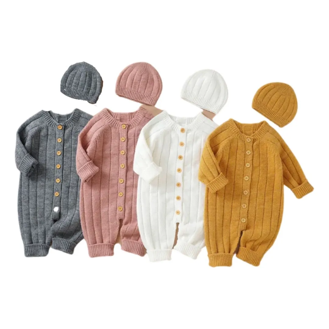 Newborn Baby Knit Romper Newborn Long Sleeve Jumpsuit   Hat , Color - Pink