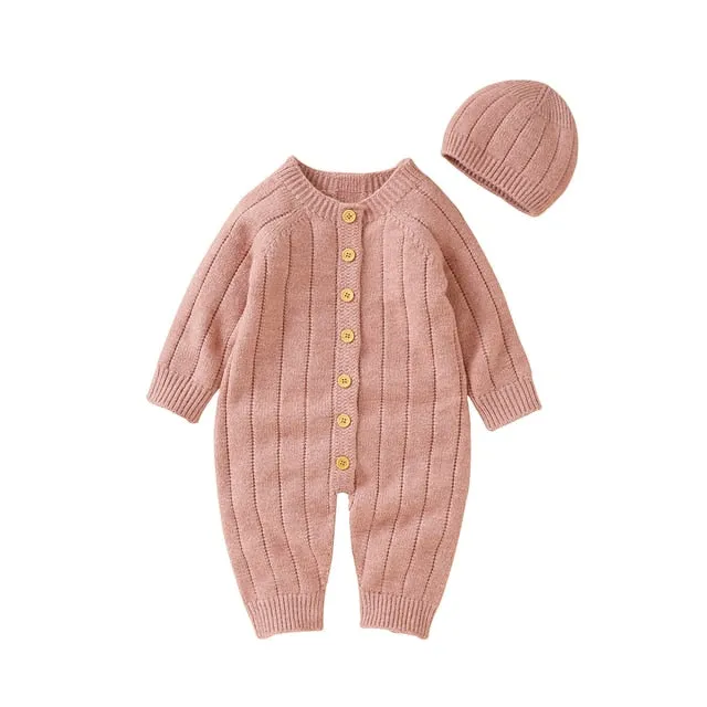 Newborn Baby Knit Romper Newborn Long Sleeve Jumpsuit   Hat , Color - Pink