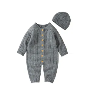 Newborn Baby Knit Romper Newborn Long Sleeve Jumpsuit   Hat - Gray