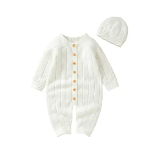 Newborn Baby Knit Romper Newborn Long Sleeve Jumpsuit   Hat - White