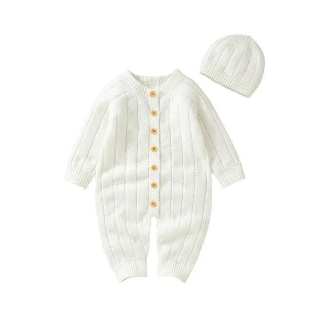 Newborn Baby Knit Romper Newborn Long Sleeve Jumpsuit   Hat - White