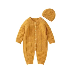 Newborn Baby Knit Romper Newborn Long Sleeve Jumpsuit   Hat - Yellow