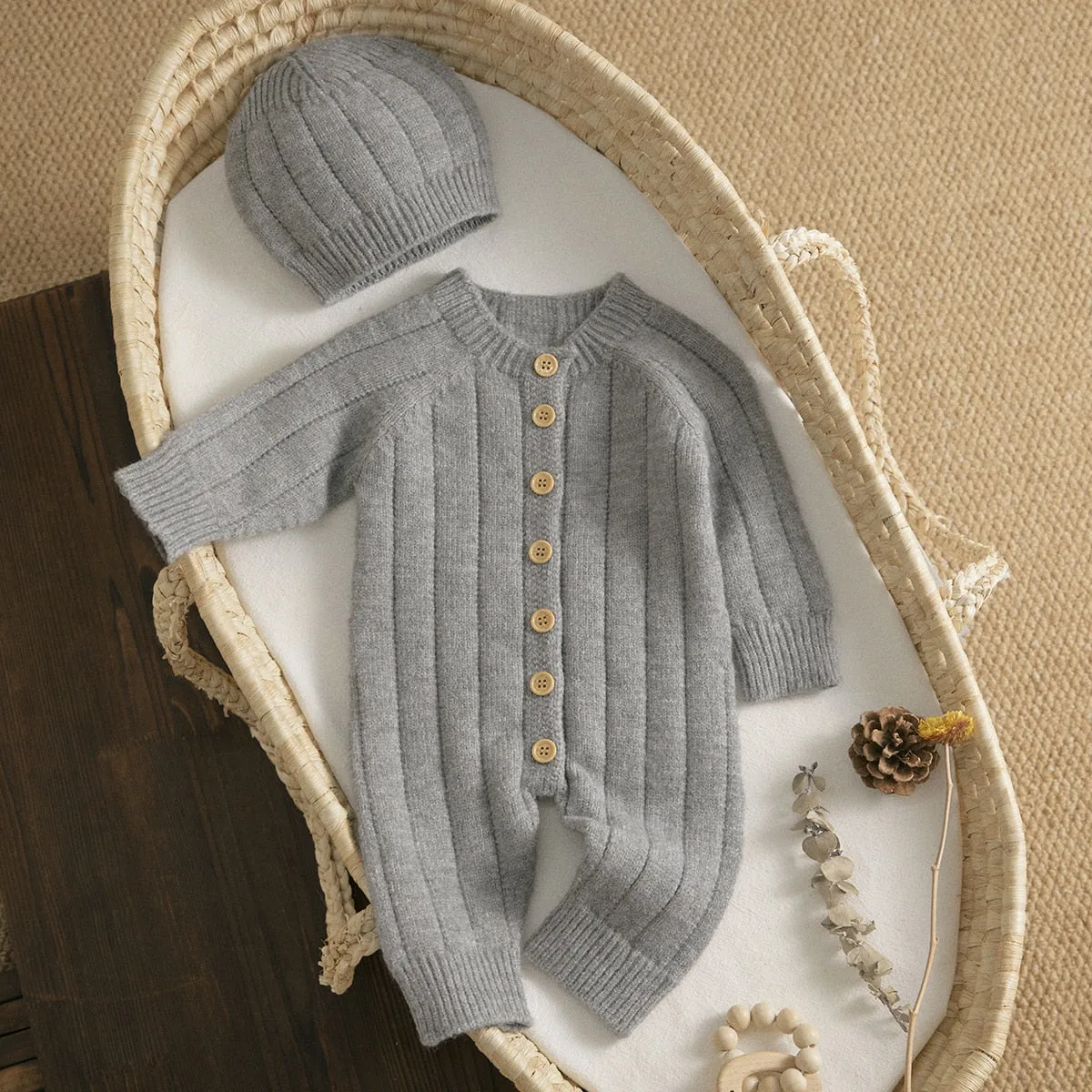 Newborn Baby Knit Romper Newborn Long Sleeve Jumpsuit   Hat