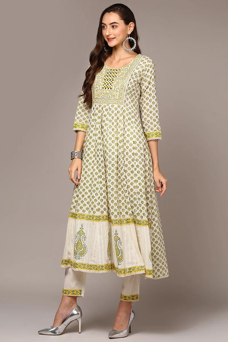 Off White Pure Cotton Ethnic Motif Printed Flared Suit Set