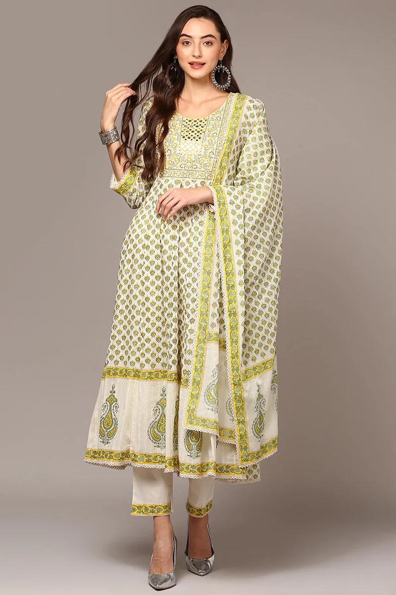 Off White Pure Cotton Ethnic Motif Printed Flared Suit Set