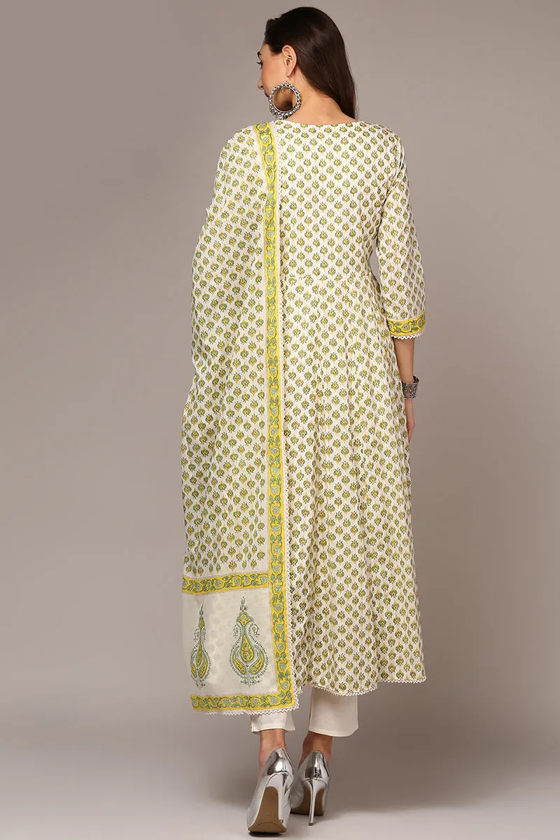 Off White Pure Cotton Ethnic Motif Printed Flared Suit Set