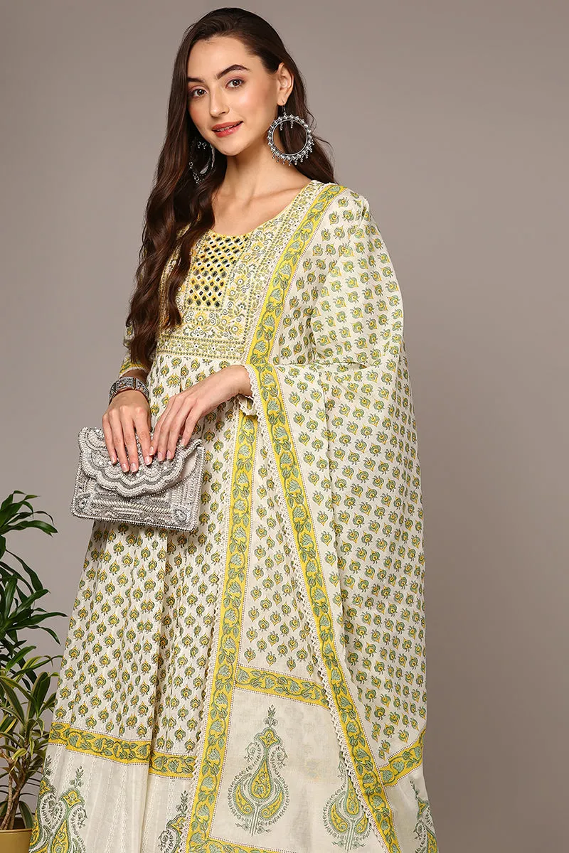 Off White Pure Cotton Ethnic Motif Printed Flared Suit Set