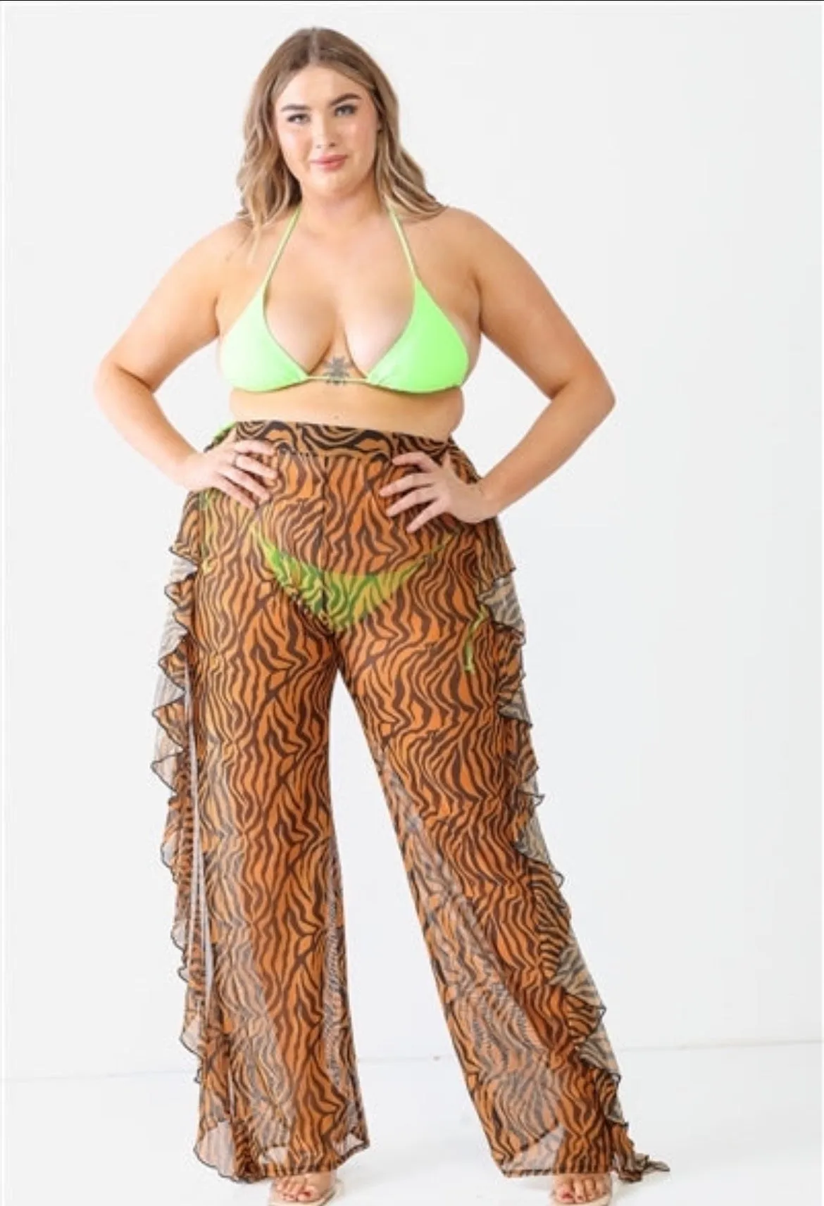 Orange Combo Tiger Animal Print Mesh Sheer High Waist Sexy Ruffle Pants