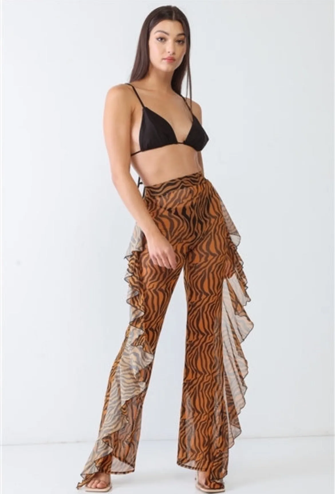 Orange Combo Tiger Animal Print Mesh Sheer High Waist Sexy Ruffle Pants