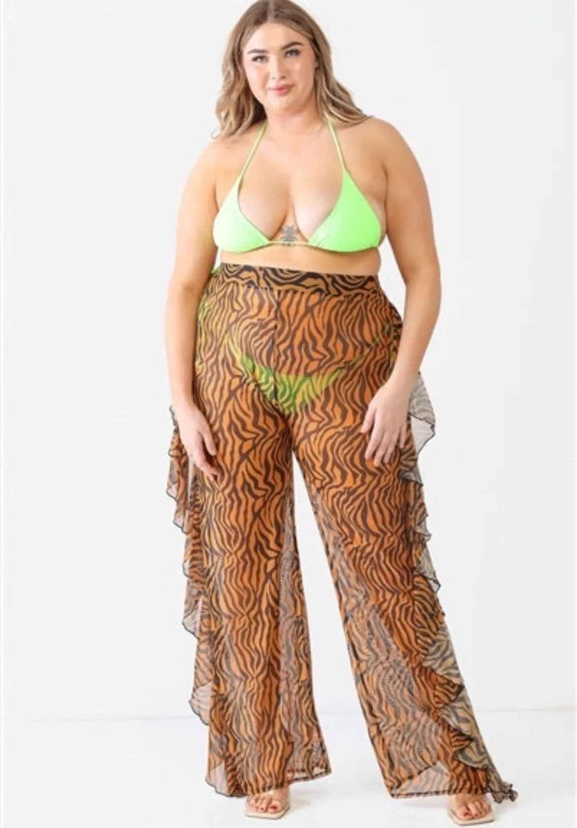 Orange Combo Tiger Animal Print Mesh Sheer High Waist Sexy Ruffle Pants