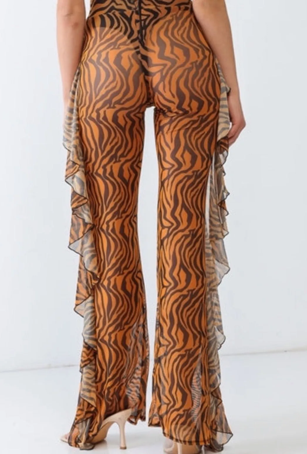 Orange Combo Tiger Animal Print Mesh Sheer High Waist Sexy Ruffle Pants