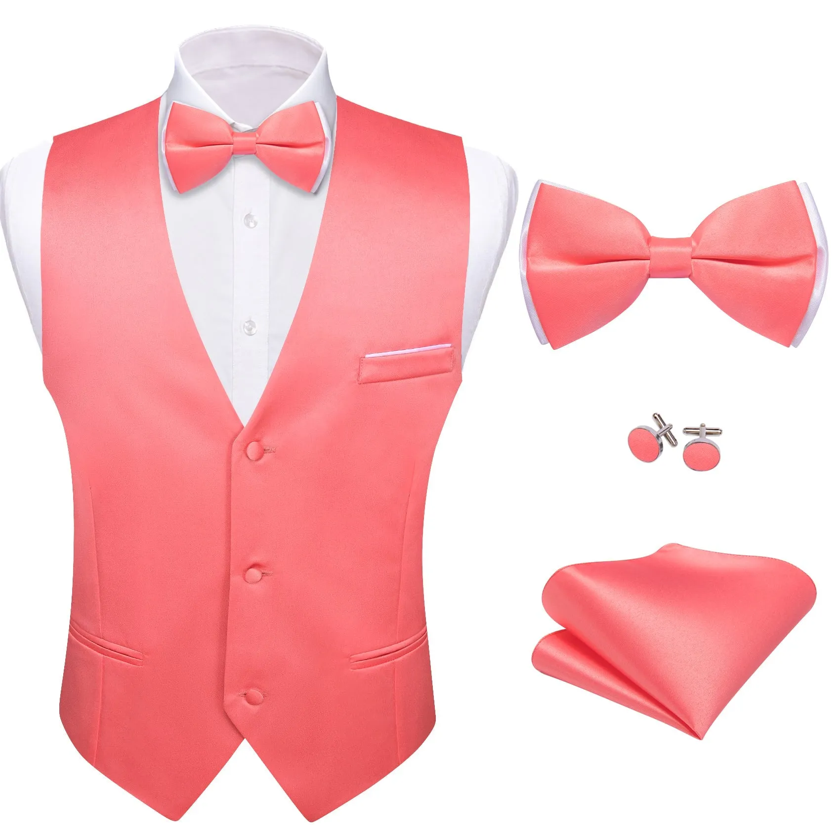 PaleVioletRed Solid Silk Men's Vest Bow Tie Set Waistcoat Suit Set