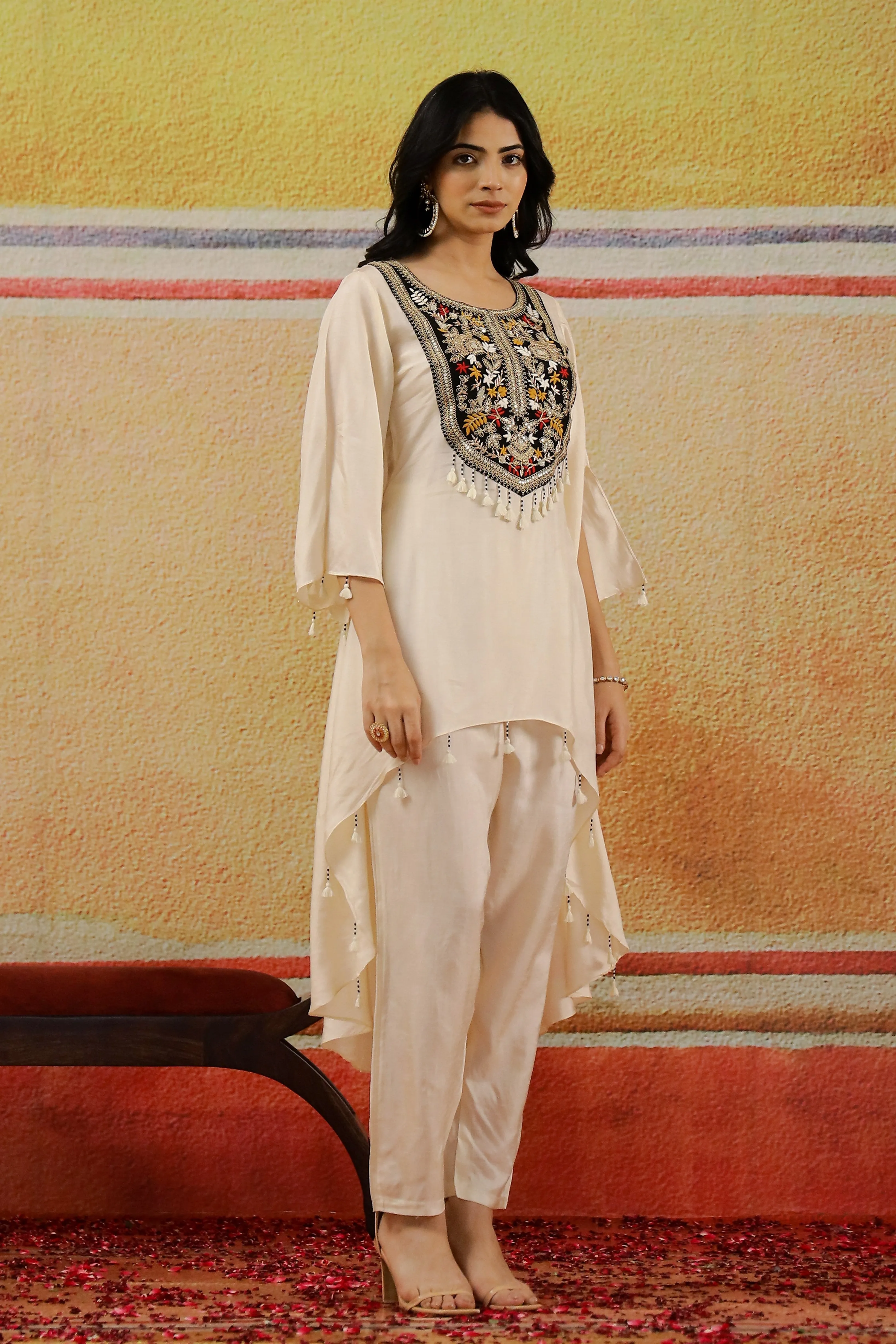 Pastel Cream Embroidered Raw Silk Pants Set