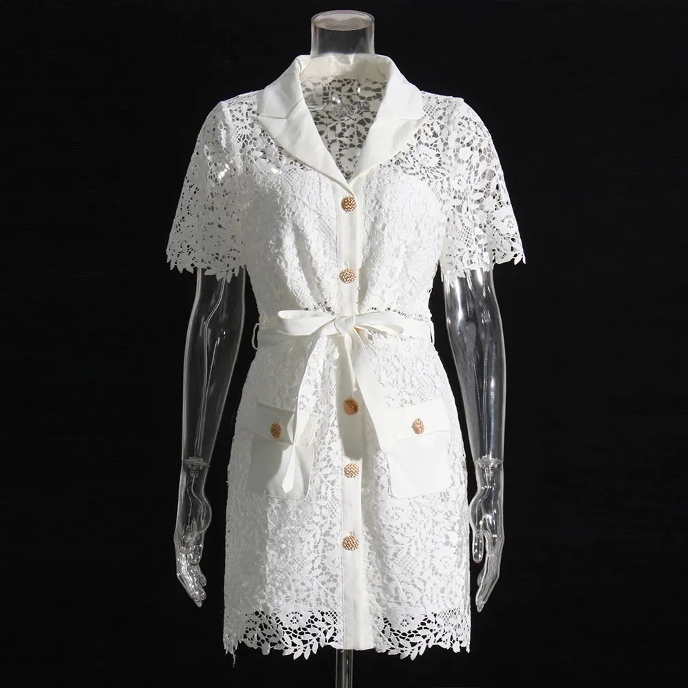 Patchwork Lace Up Embroidery Elegant Dresses For Women Lapel Short Sleeve High Waist Spliced Button Solid Mini Dress Female