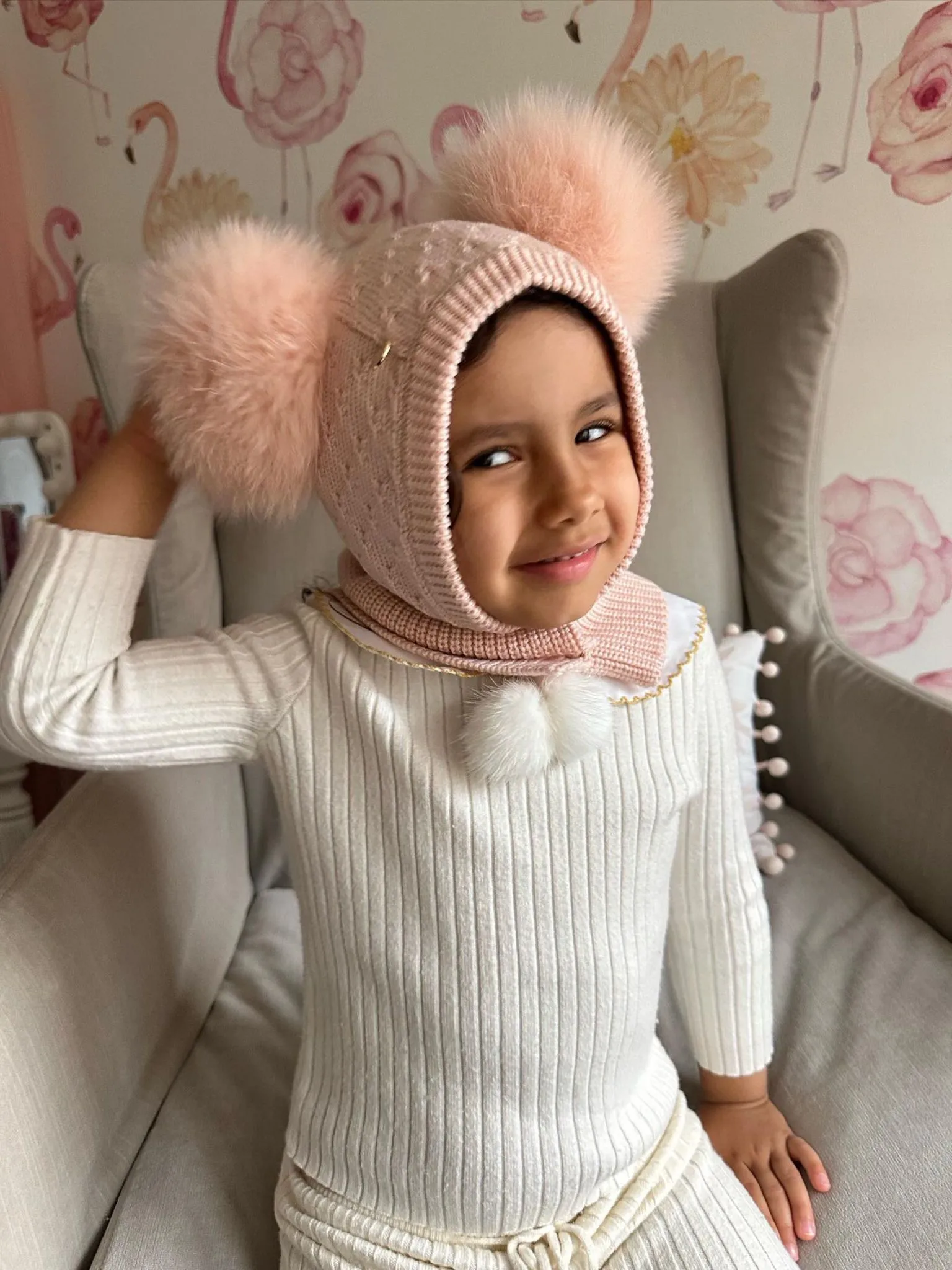 Petite Maison Kids Pink 'Luna' Fur Pom Balaclava Hat