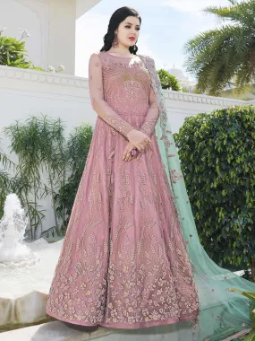 Pink And Turquoise Embroidered Anarkali Lehenga And Pant Suit