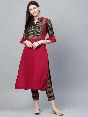 Pink Bell Sleeves Kurta Pant Set in Crepe