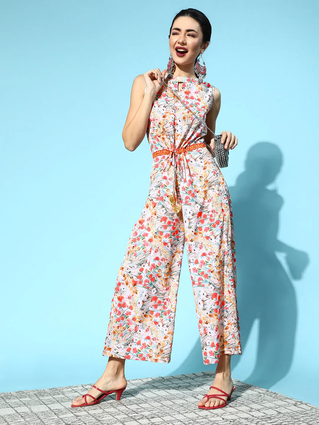 Pink Crepe Digital Print Floral Jumpsuit