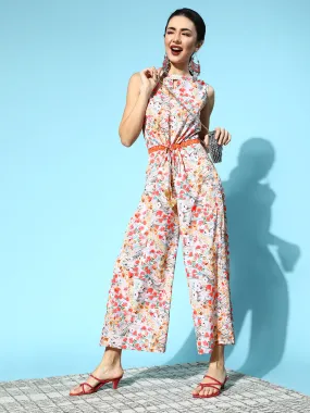 Pink Crepe Digital Print Floral Jumpsuit