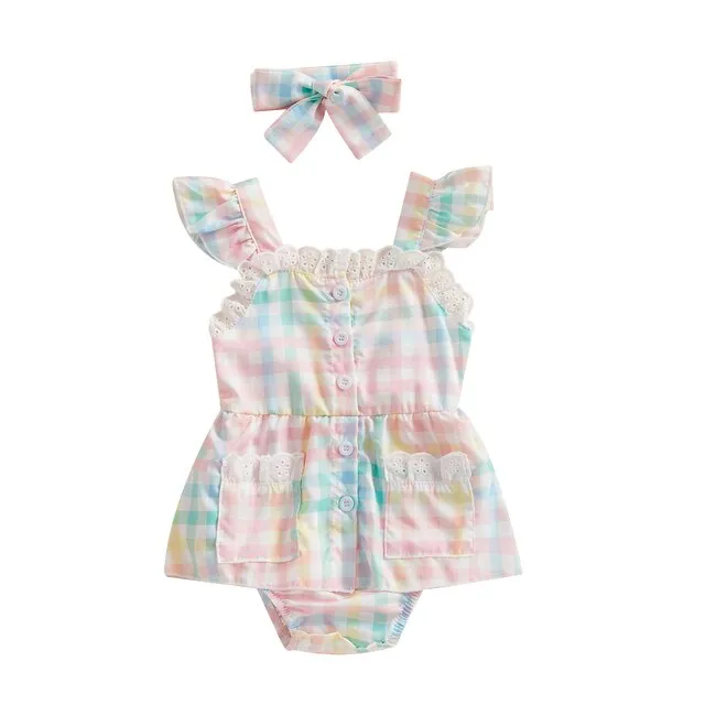 Plaid Lace Ruffle Playsuit   Bow Headband Baby Girl Summer Romper Outfit