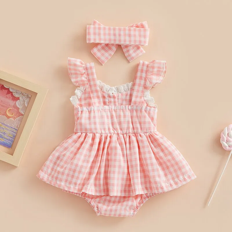 Plaid Lace Ruffle Playsuit   Bow Headband Baby Girl Summer Romper Outfit