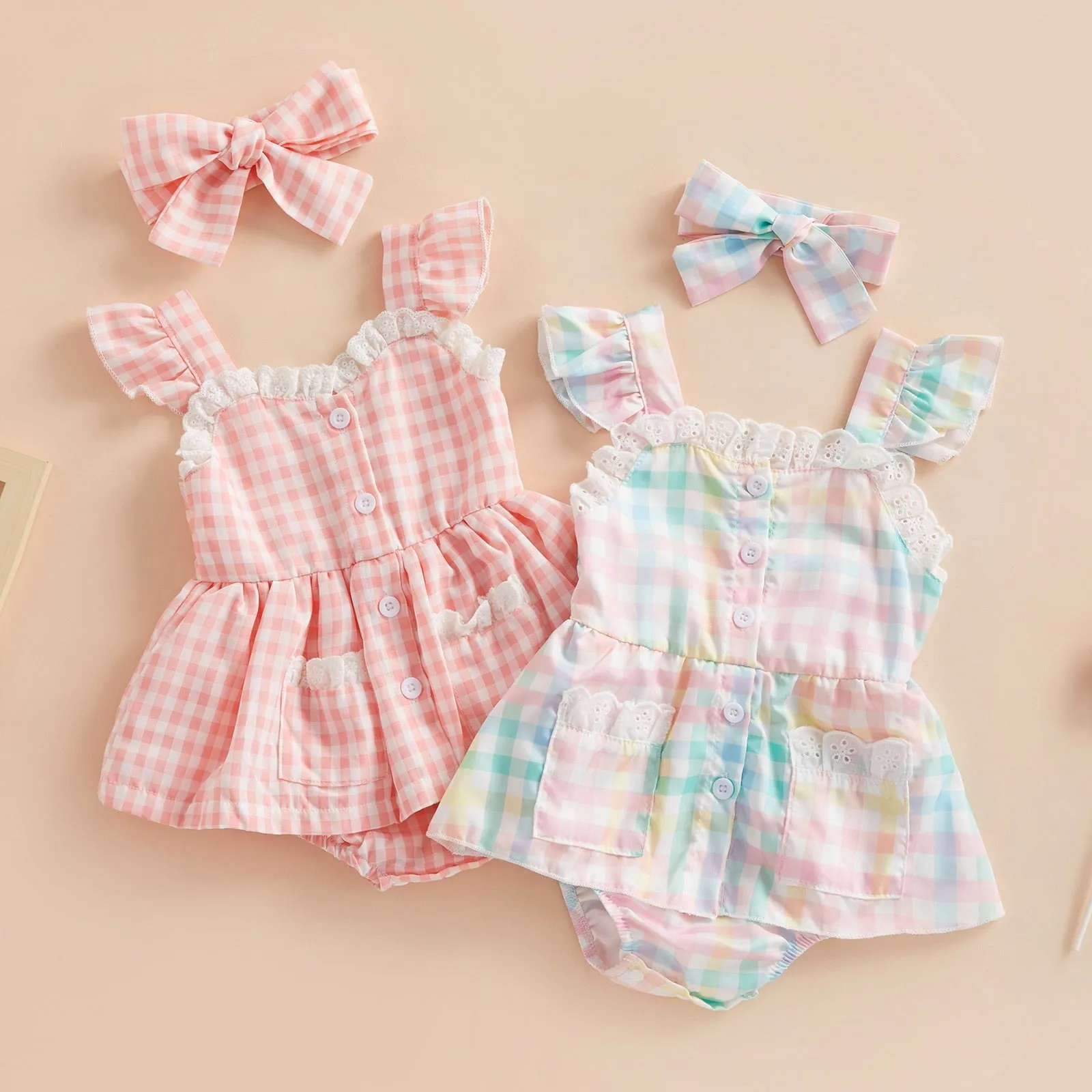 Plaid Lace Ruffle Playsuit   Bow Headband Baby Girl Summer Romper Outfit