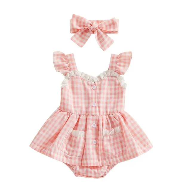 Plaid Lace Ruffle Playsuit   Bow Headband Baby Girl Summer Romper Outfit