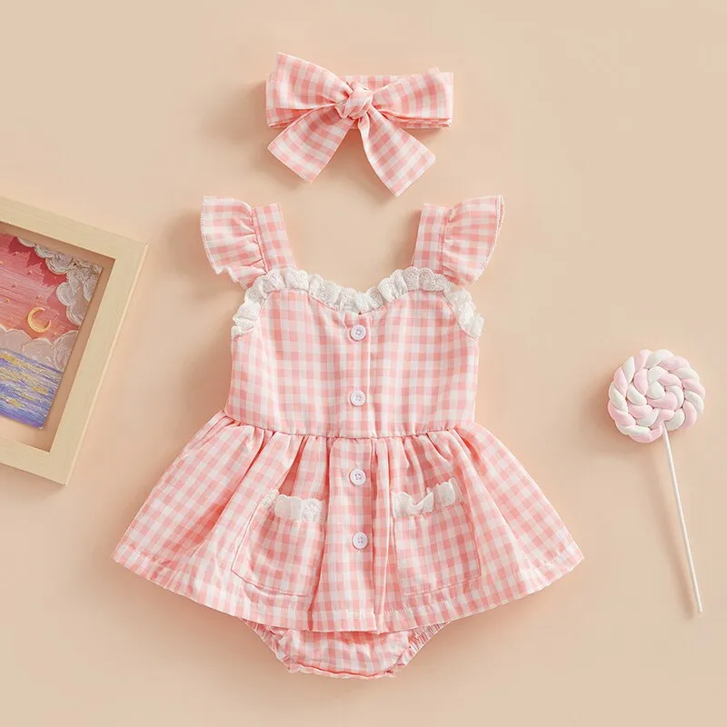 Plaid Lace Ruffle Playsuit   Bow Headband Baby Girl Summer Romper Outfit