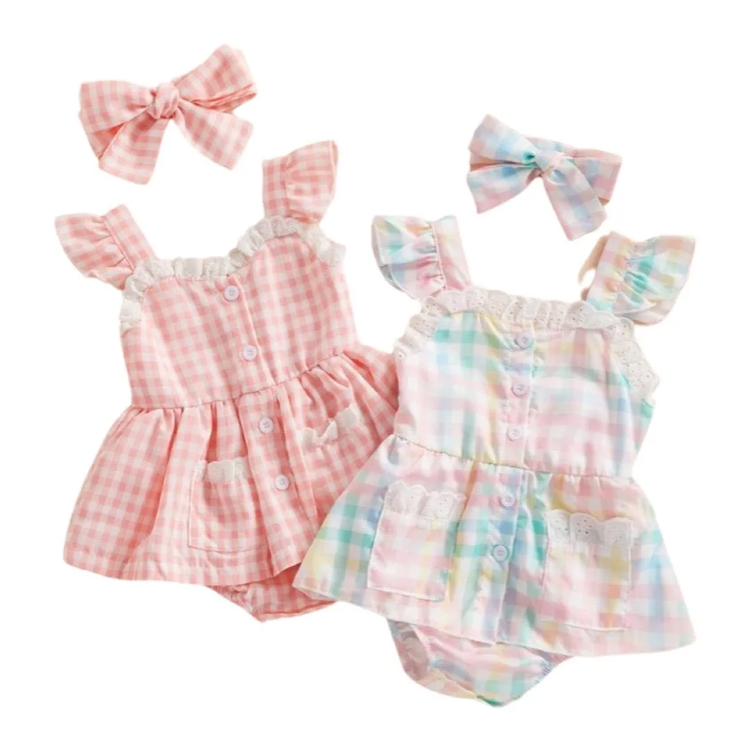 Plaid Lace Ruffle Playsuit   Bow Headband Baby Girl Summer Romper Outfit