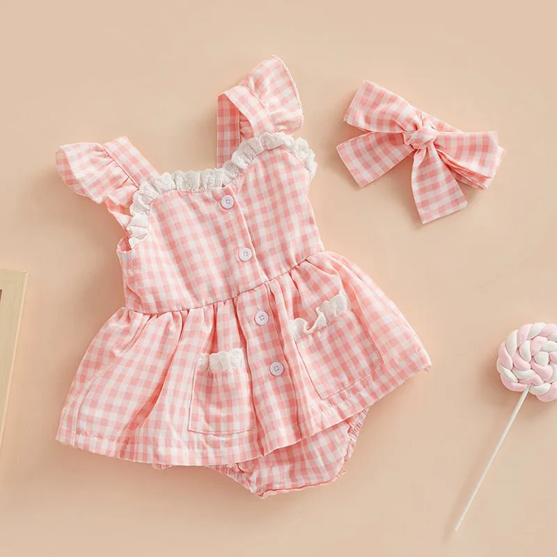 Plaid Lace Ruffle Playsuit   Bow Headband Baby Girl Summer Romper Outfit