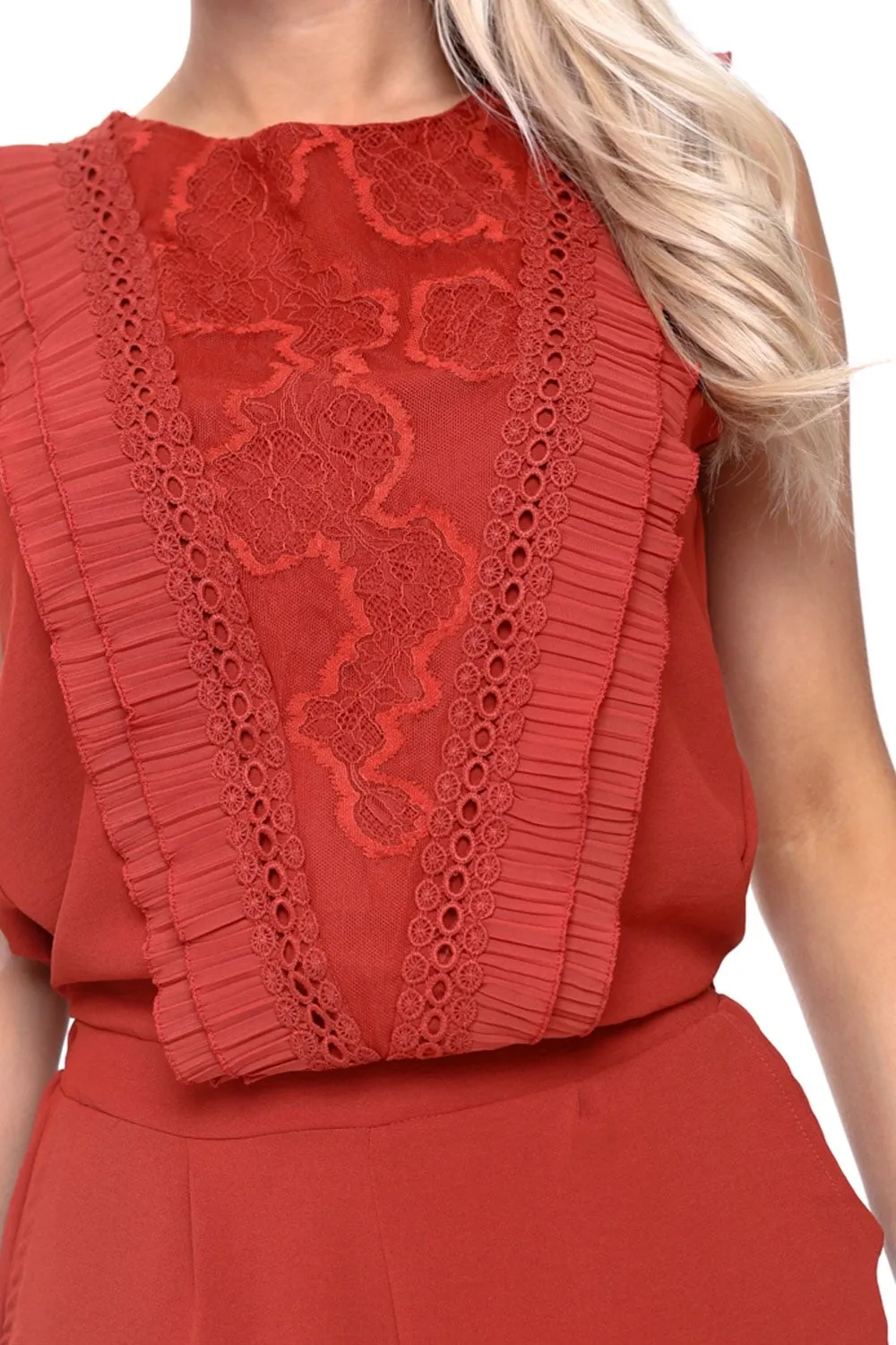 Pleated Ruffle Lace Detail Pocket Smart Jumpsuit