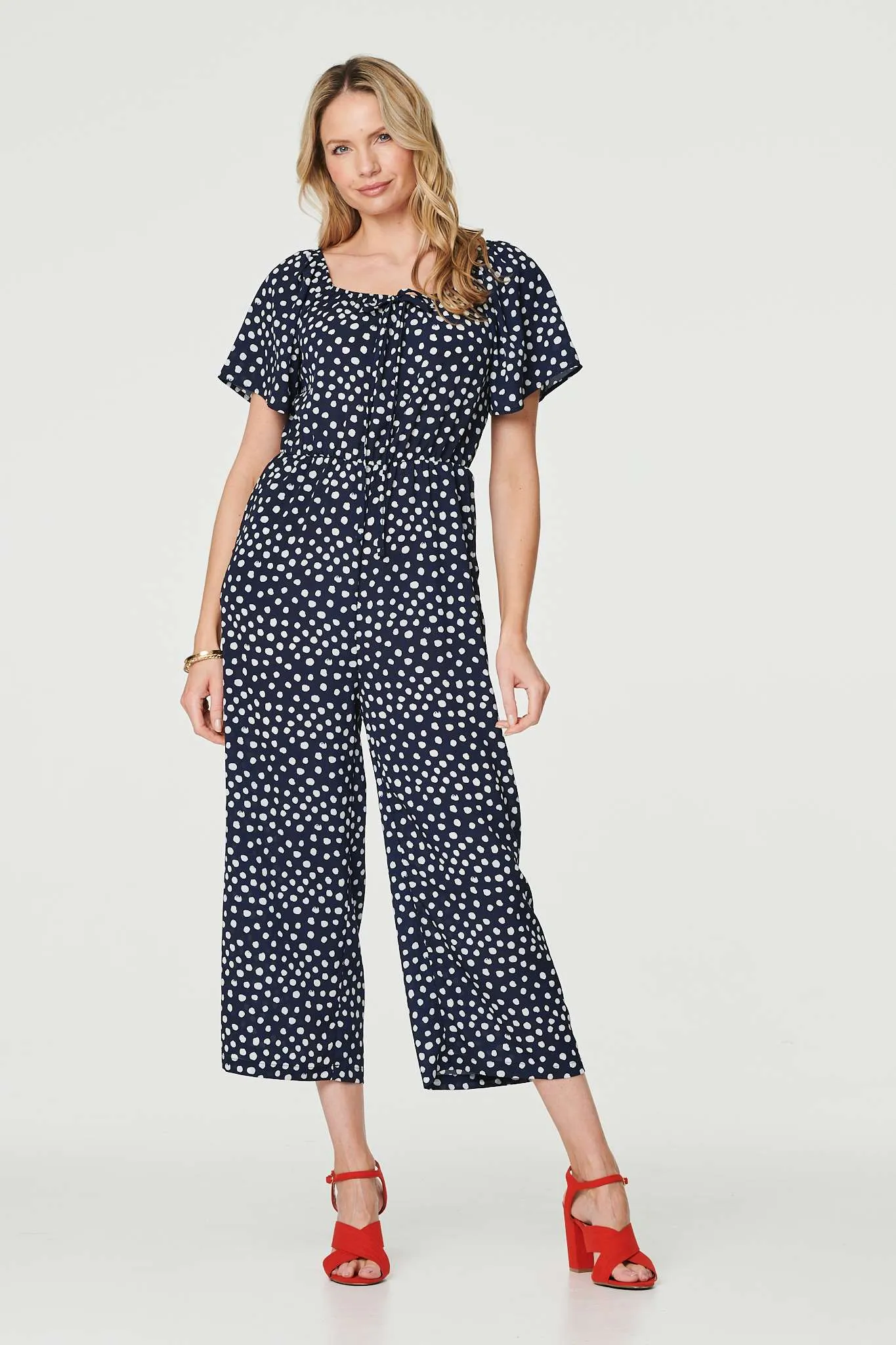 Polka Dot Print Angel Sleeve Jumpsuit