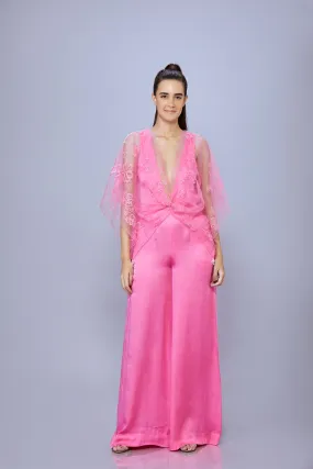 Pop Pink Net floral thread embroidered kaftan jumpsuit