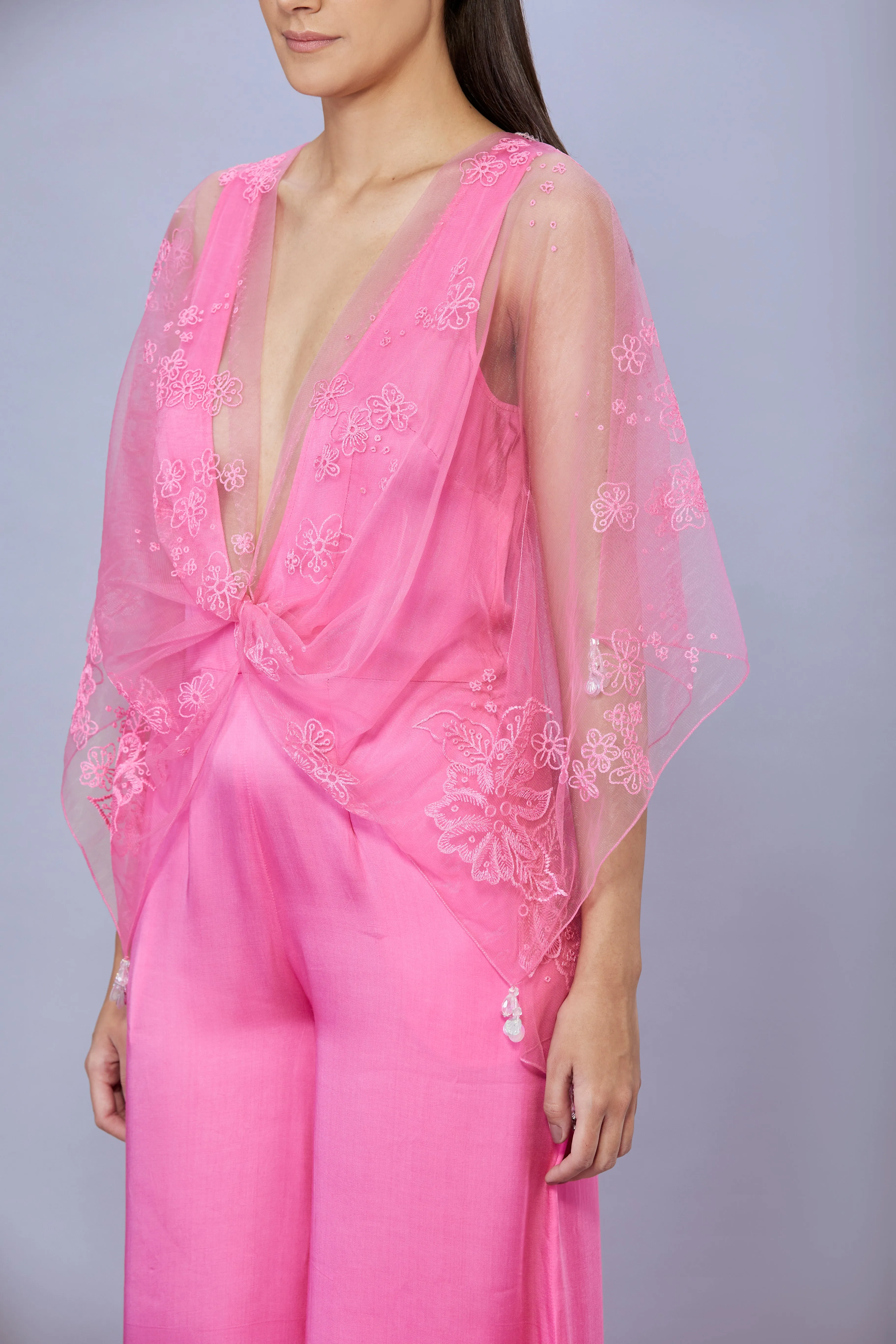 Pop Pink Net floral thread embroidered kaftan jumpsuit