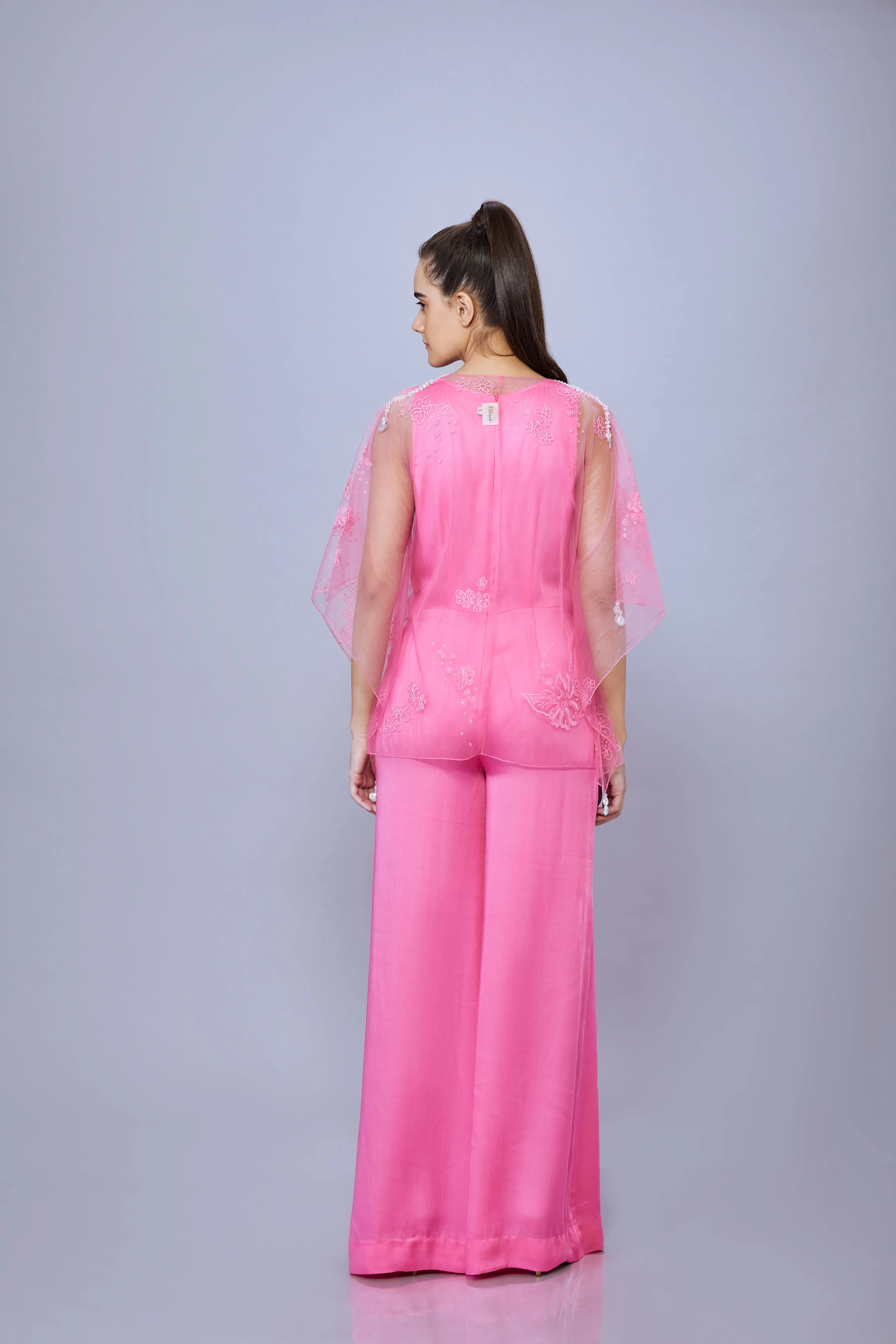 Pop Pink Net floral thread embroidered kaftan jumpsuit