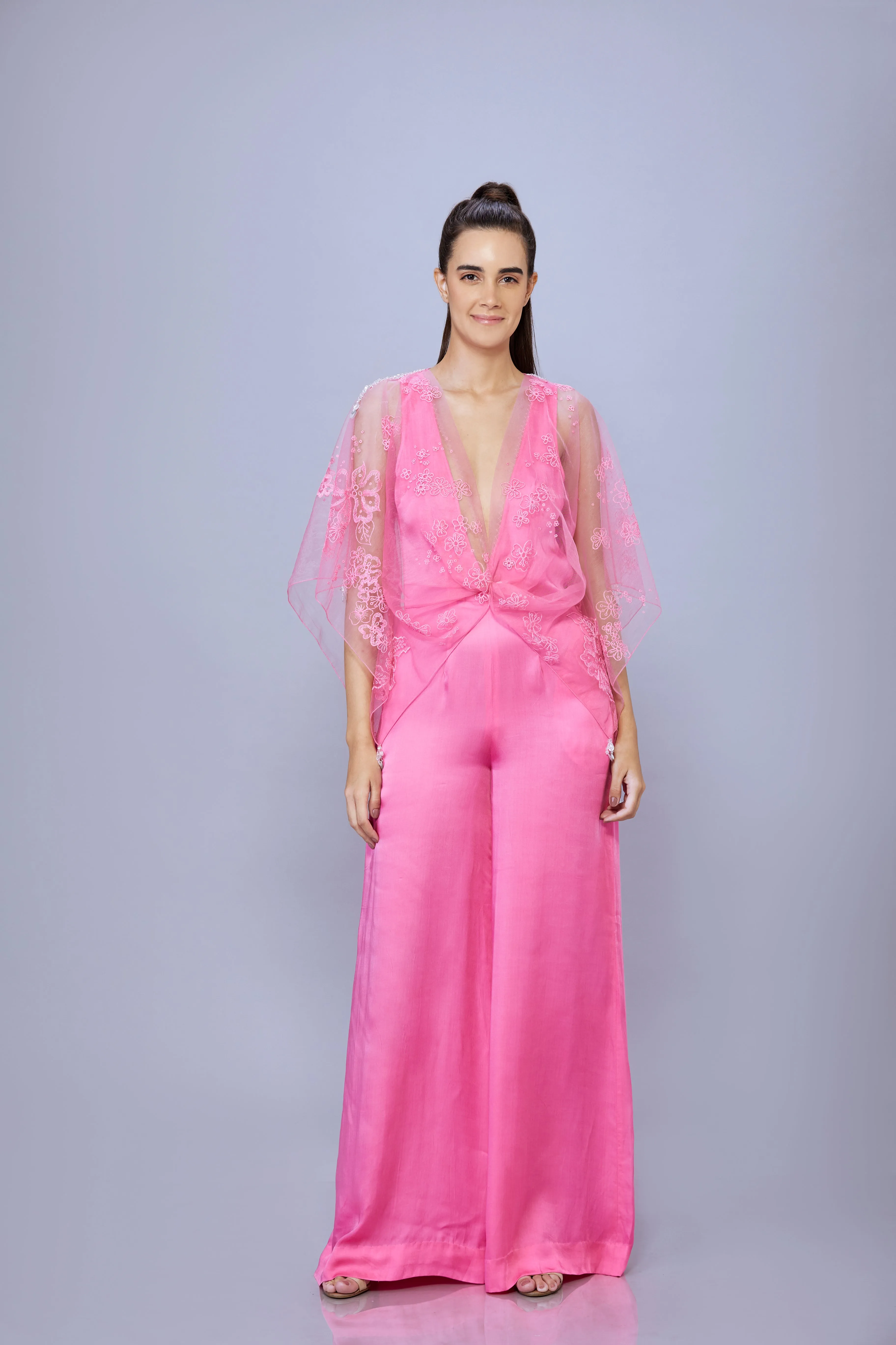 Pop Pink Net floral thread embroidered kaftan jumpsuit