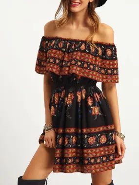 Pretty Bohemia Floral Off Shoulder Elastic Waist Mini Dress