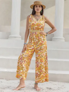 Printed V-Neck Tie Shoulder Jumpsuit